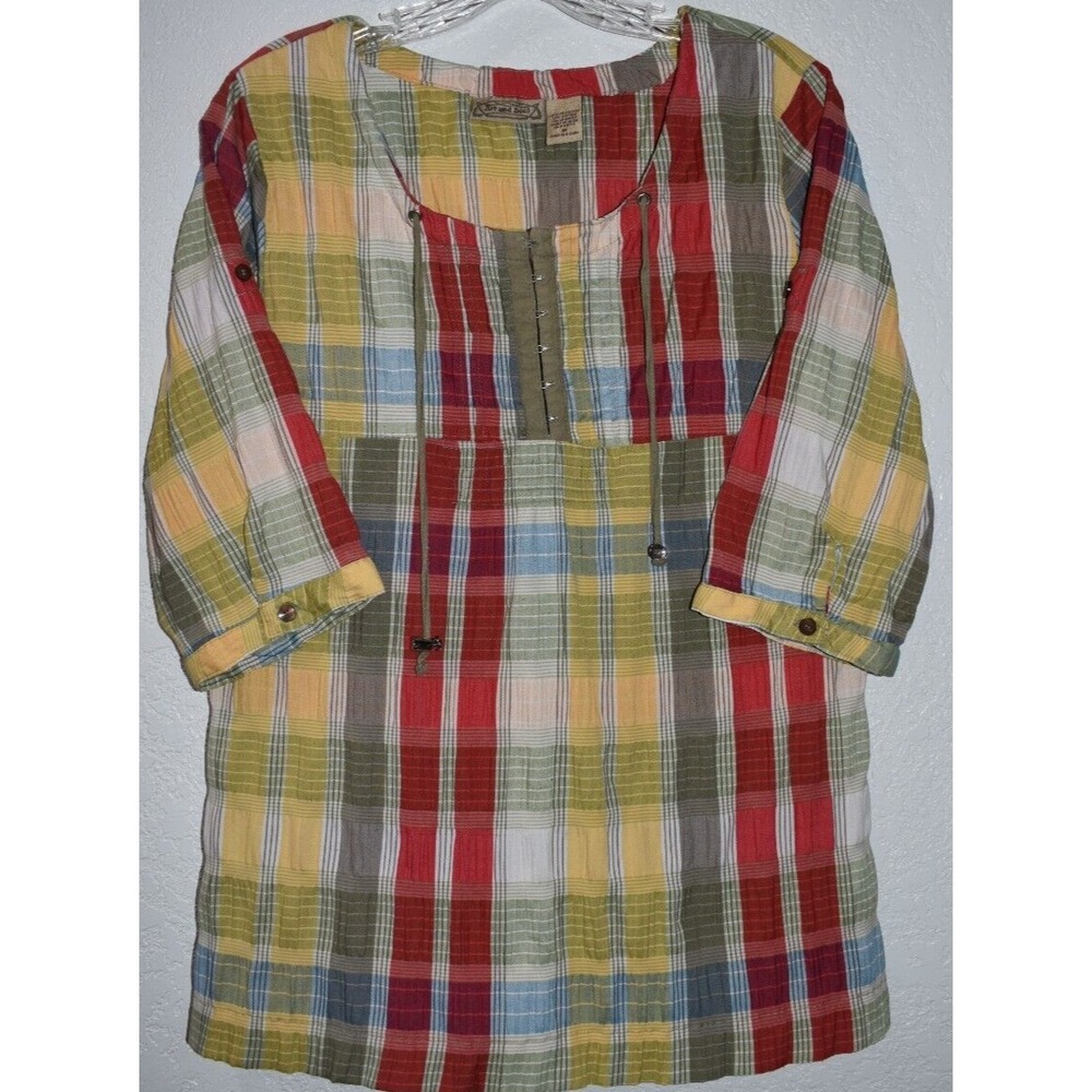 Art & Soul Peasant Top M Plaid Pin-tuck Roll Tab Sv Stretch Shirt Hippie Boho